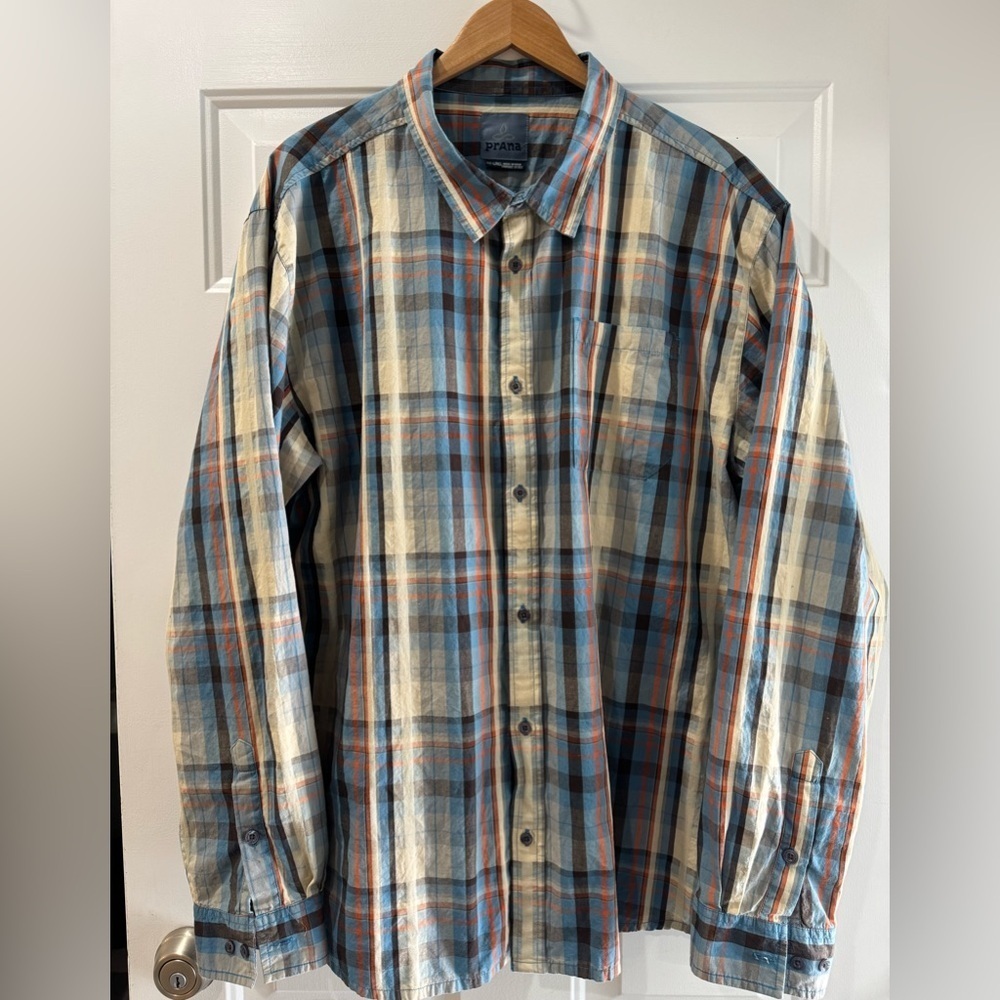 PrAna Shirt Men's Button Down Long Sleeve Plaid Size XX-Large Organic Cotton